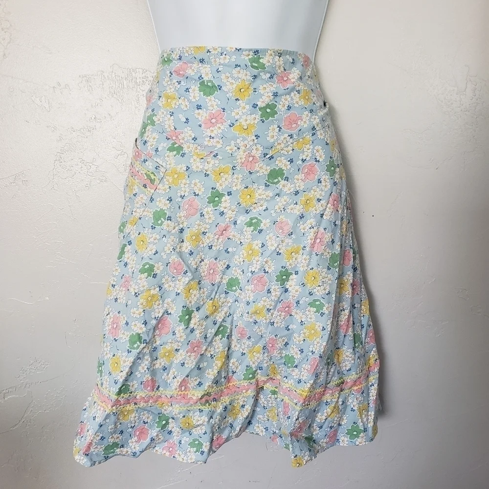 Vintage Handmade Skirt Waist Apron Floral Print Ric-Rac Pink Blue Yellow Green